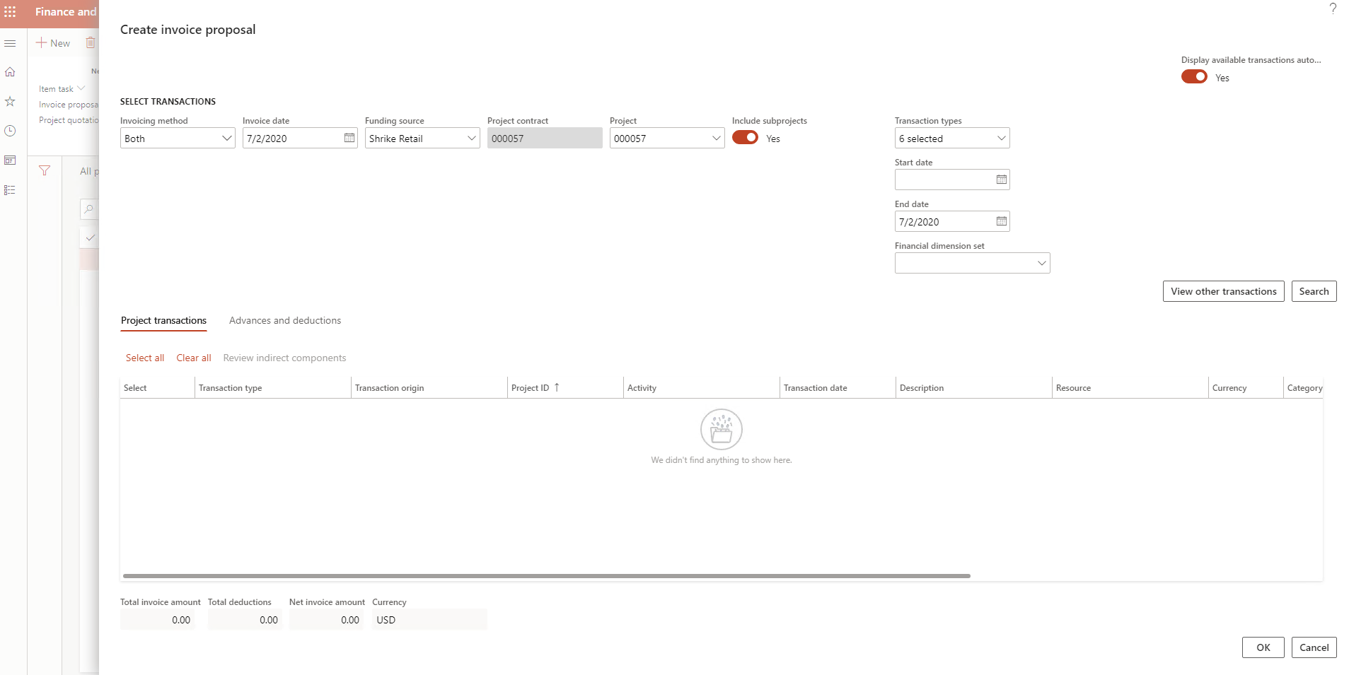 No project sales order transactions are shown