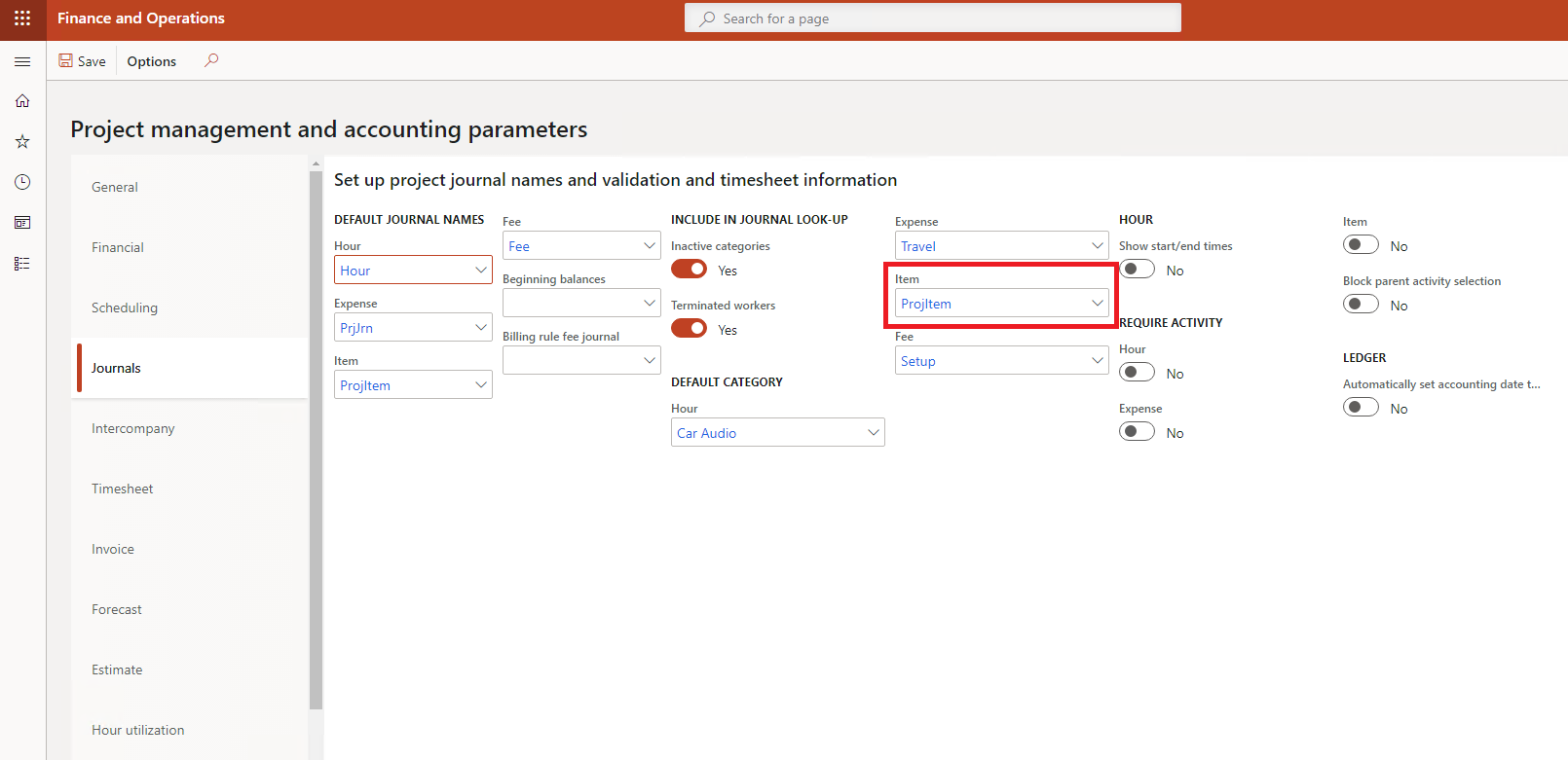 Project category setup from Project management and accounting parameters